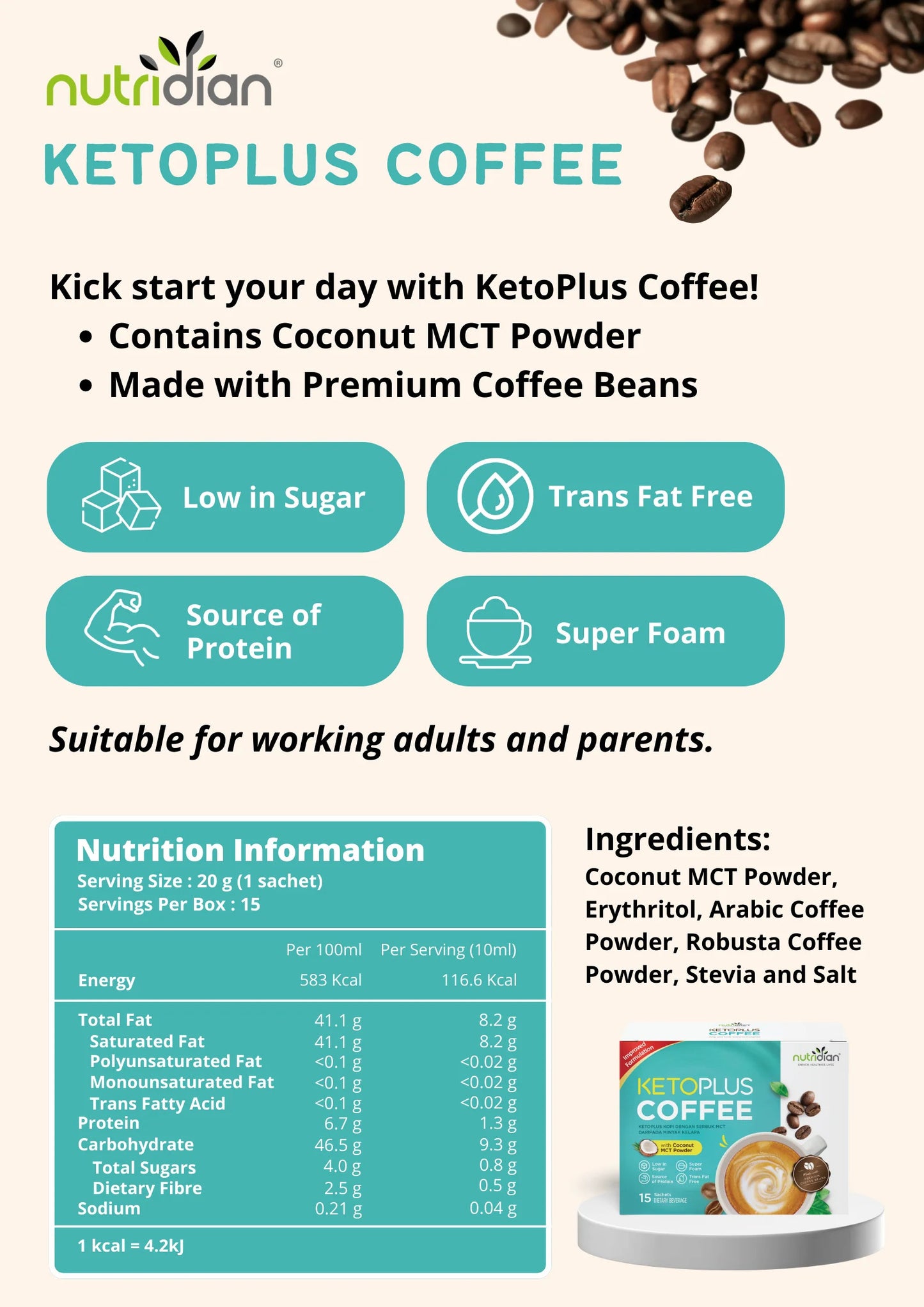 KETOPLUS Series | Coffee, Dark Cocoa & Matcha with Coconut MCT Powder 15's