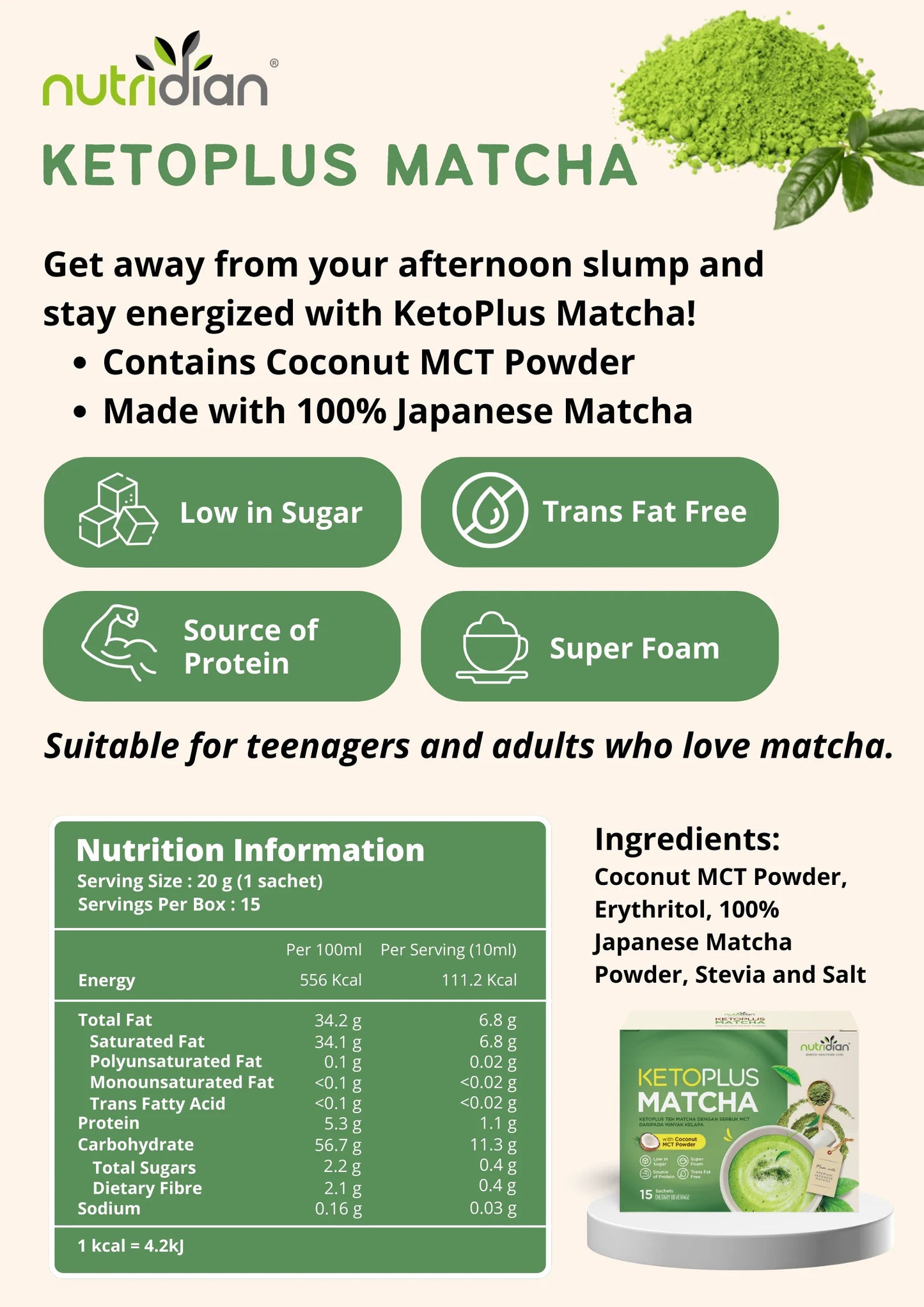 KETOPLUS Series | Coffee, Dark Cocoa & Matcha with Coconut MCT Powder 15's