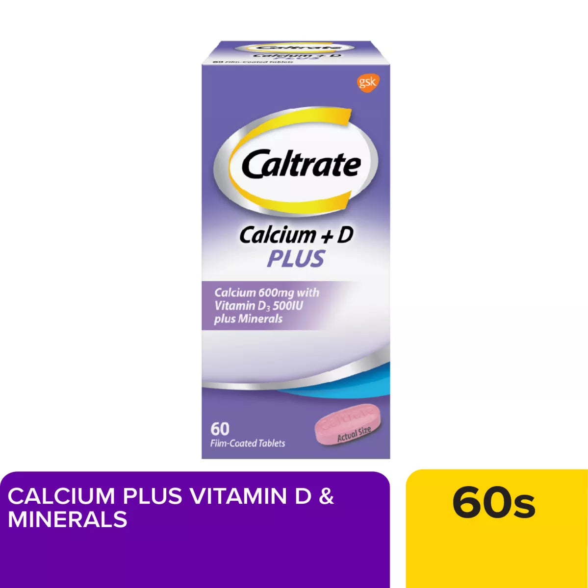 Caltrate 600 Plus 60's Calcium Dietary Supplement For Bone Health With Vitamin D & Minerals